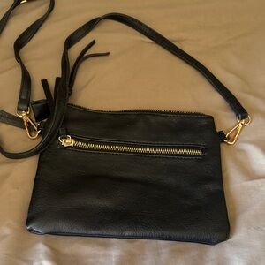 Elegant Black Leather Crossbody Bag with Gold Accents